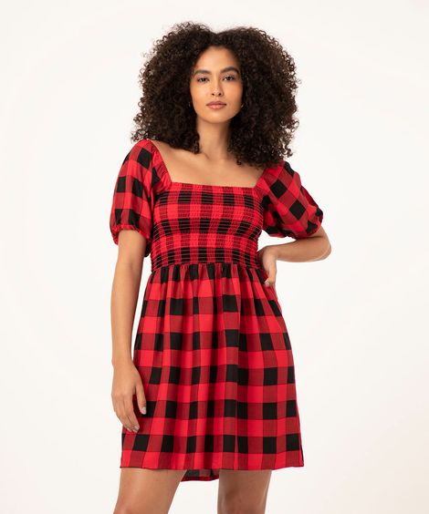 vestido de viscose xadrez manga bufante vermelho