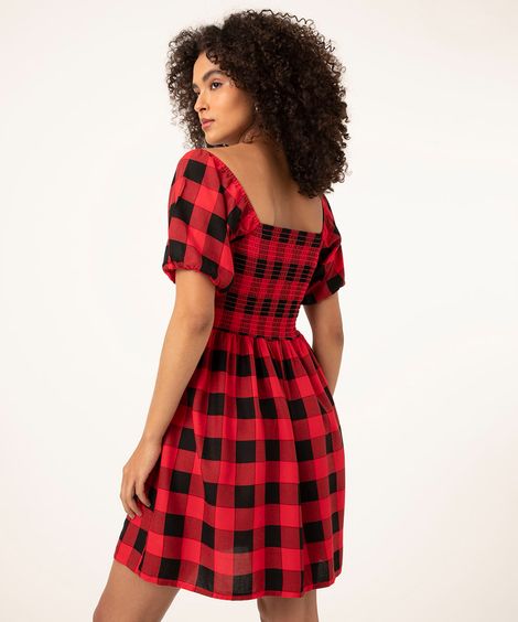 vestido de viscose xadrez manga bufante vermelho