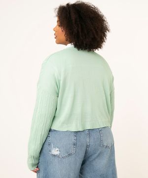 suéter cropped de tricô plus size decote redondo verde