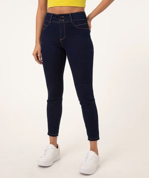 calça jeans super skinny pull up cintura média azul escuro