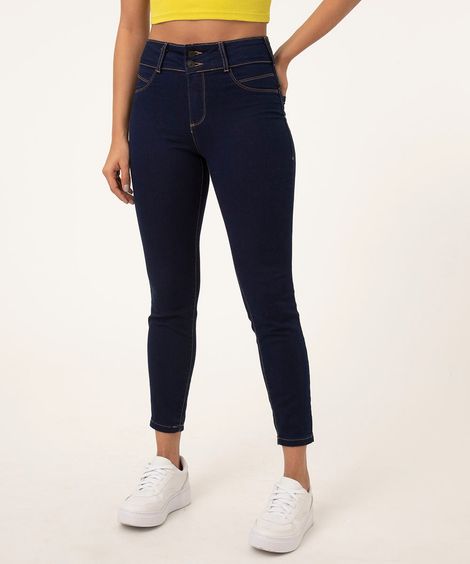 calça skinny jeans feminina cintura média azul