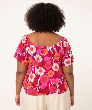 blusa ombro a ombro plus size manga curta estampa floral pink