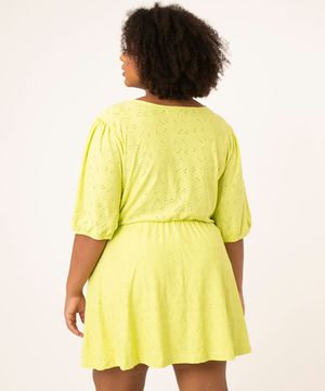 vestido plus size curto de laise manga bufante amarelo neon