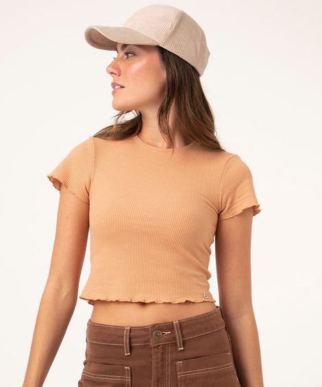 blusa baby look decote redondo bege claro