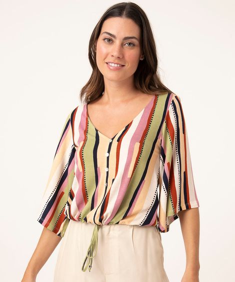 blusa com amarração listrado manga curta ampla decote v multicor