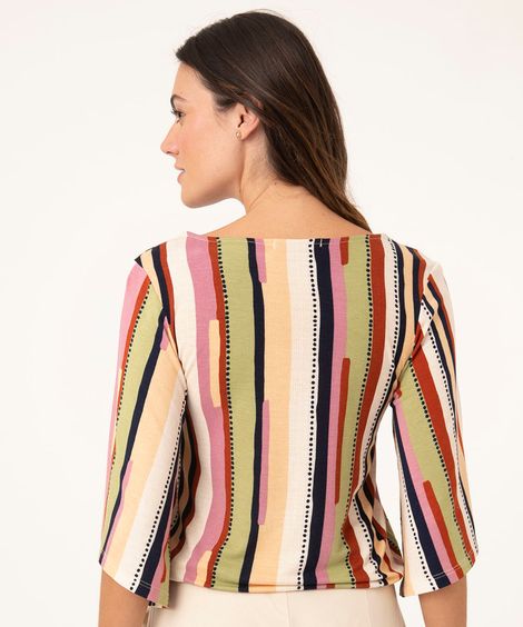 blusa com amarração listrado manga curta ampla decote v multicor