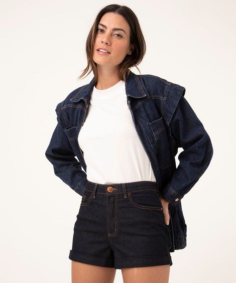 short jeans hot pant cintura super alta azul escuro