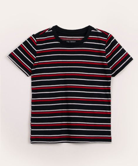 camiseta infantil listrada manga curta azul marinho