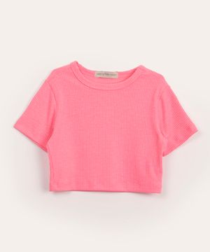 blusa juvenil cropped canelada com glitter manga curta rosa neon