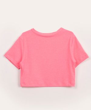 blusa juvenil cropped canelada com glitter manga curta rosa neon