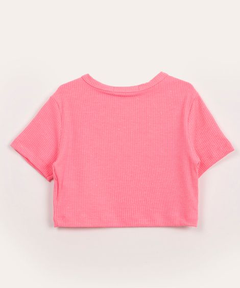 blusa juvenil cropped canelada com glitter manga curta rosa neon
