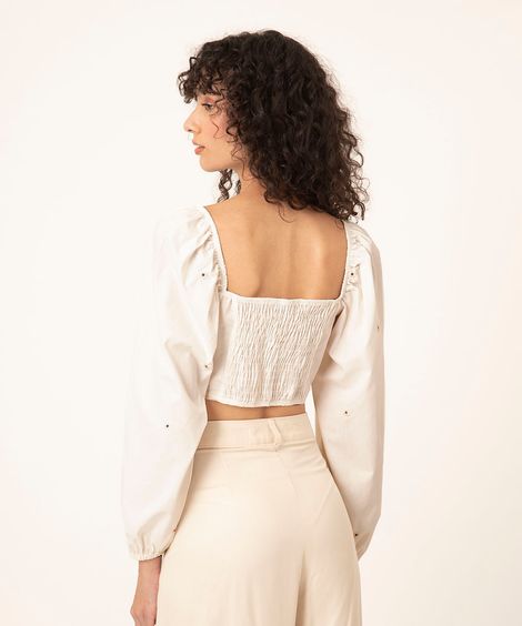 blusa cropped manga longa bufante bordada off white