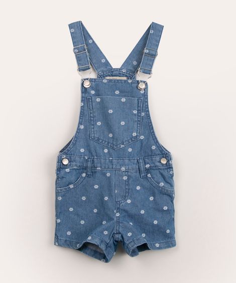 jardineira jeans infantil floral azul médio