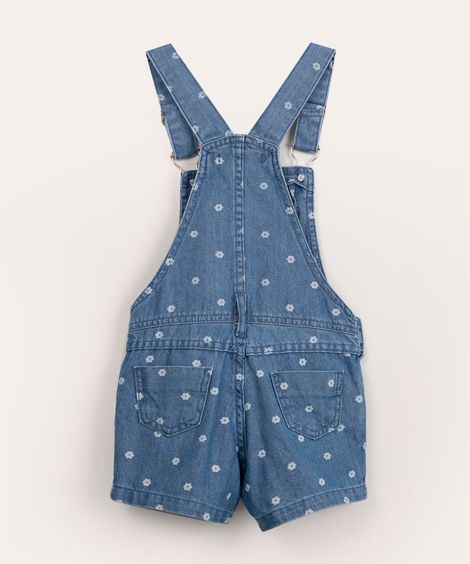 jardineira jeans infantil floral azul médio
