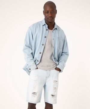 bermuda jeans slim destroyed azul claro