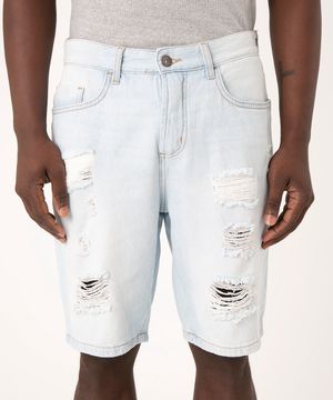 bermuda jeans slim destroyed azul claro