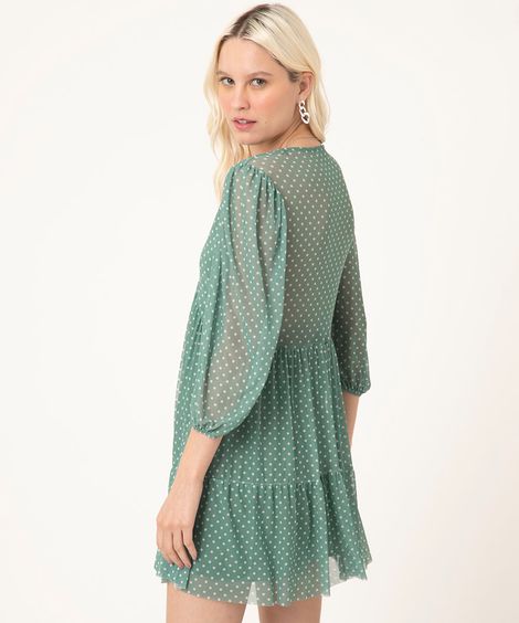 vestido curto de tule poá manga bufante verde