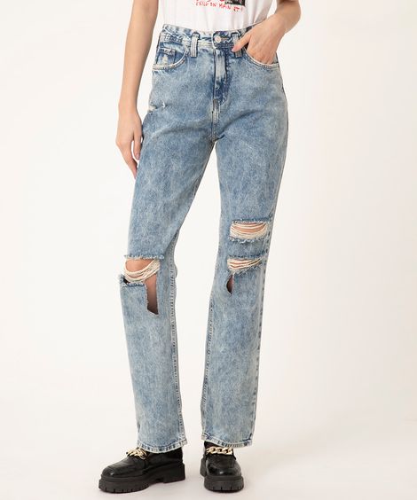 calça jeans reta destroyed cintura super alta azul claro