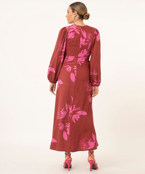 vestido longo de viscose floral manga bufante terracota