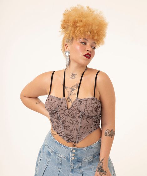 blusa corset alça fina tattoo duda beat kaki
