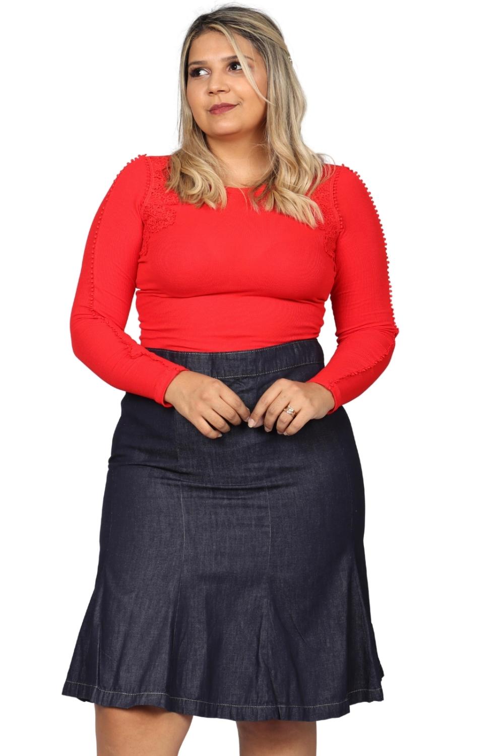 Saia Curta Almaria Plus Size Fact Jeans Evasê Jeans