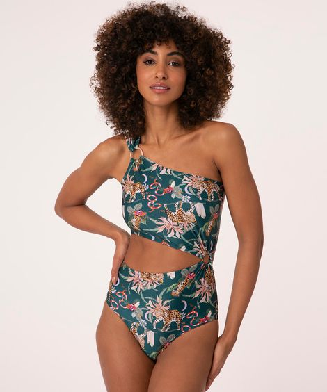 maiô ombro único cut out floresta com proteção uv50+ verde