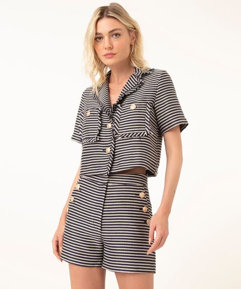 short alfaiataria de tweed listrado com botões azul marinho