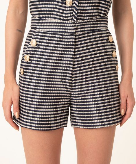 short alfaiataria de tweed listrado com botões azul marinho
