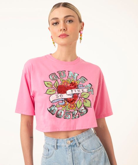 camiseta cropped de algodão manga curta guns n' roses rosa