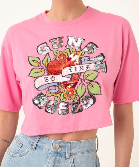 camiseta cropped de algodão manga curta guns n' roses rosa