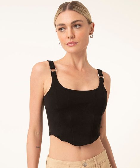 Regata Cropped Corset  com Strass Alça Média Preto