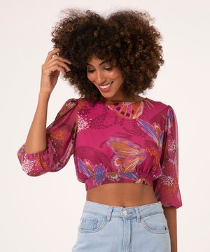 blusa de tule manga bufante amarração floral  pink