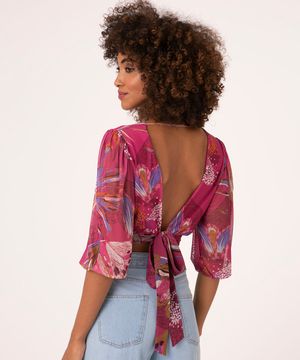 blusa de tule manga bufante amarração floral  pink