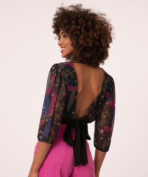 blusa de tule manga bufante amarração coqueiro preto