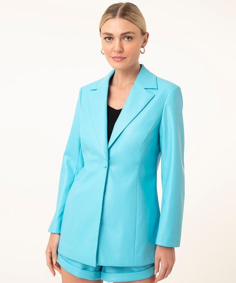 blazer alongado de pu azul turquesa