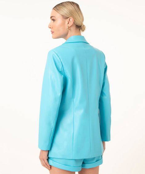 blazer alongado de pu azul turquesa