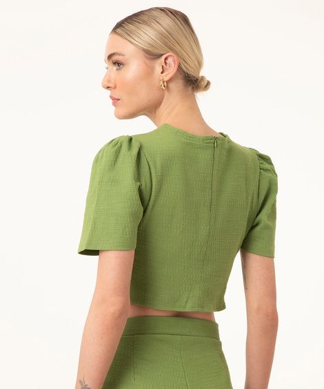 blusa cropped cut out manga bufante verde