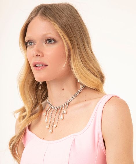 colar franja de strass com pingente duda beat prateado