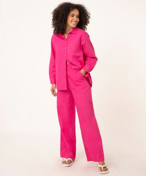 calça de algodão wide leg alfaiataria cintura alta pink