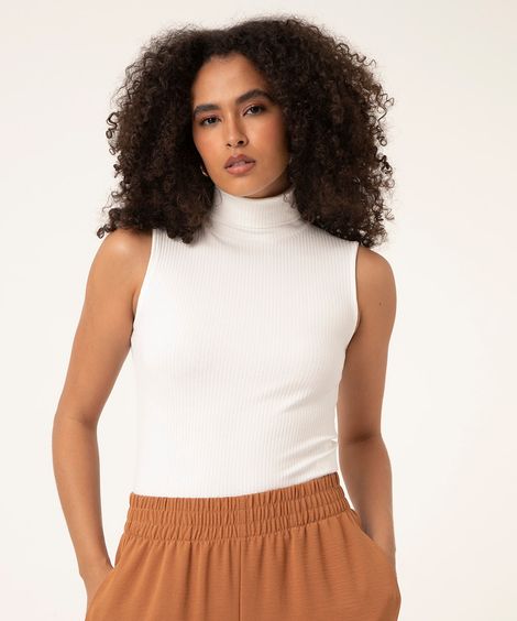 Regata Feminina Canelada Gola Rolê Off White