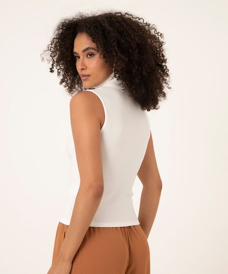 Regata Feminina Canelada Gola Rolê Off White