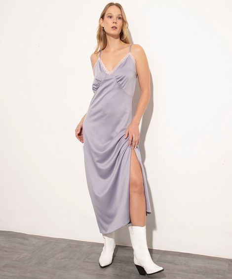 vestido longo slip dress de cetim alça fina decote v mindset lilás