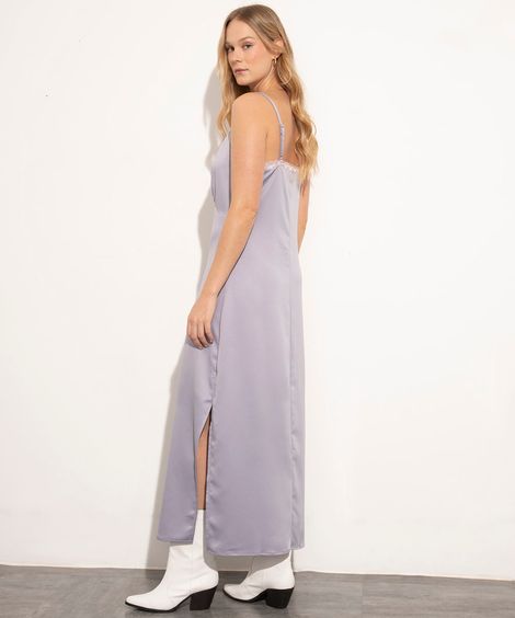vestido longo slip dress de cetim alça fina decote v mindset lilás