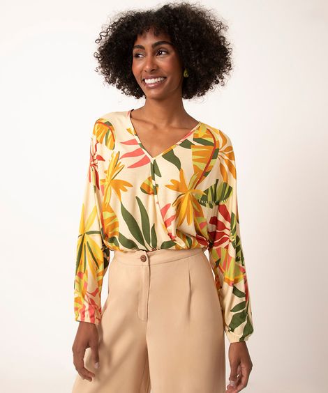 blusa de viscose manga longa folhagem  multicor