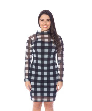 Vestido Moda Vício Justo Manga Longa Gola Alta Tule Xadrez Feminino Preto