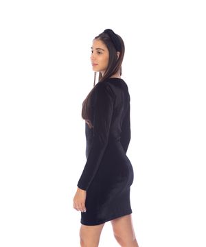 Vestido Moda Vício Justo Manga Longa Gola Careca Veludo Feminino Preto