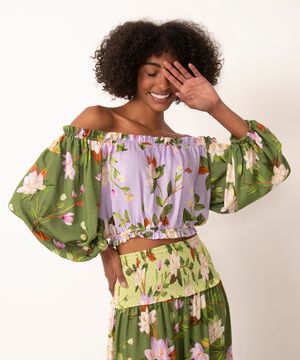 blusa de viscose cropped ombro a ombro floral verde