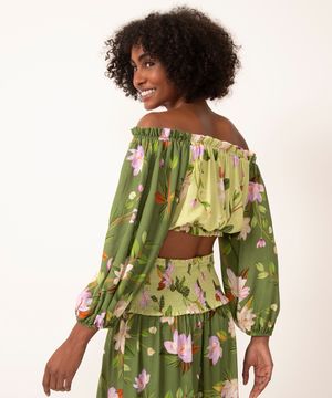 blusa de viscose cropped ombro a ombro floral verde