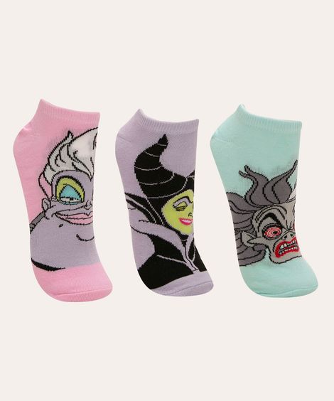 kit de 3 pares de meias cano baixo vilãs disney multicor