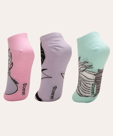 kit de 3 pares de meias cano baixo vilãs disney multicor